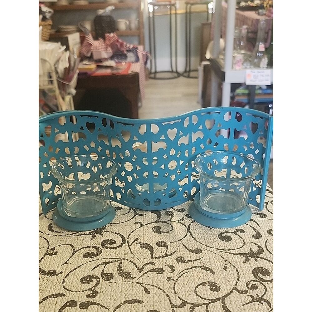 Teal Decorative Metal Votive Holder with Glass Cups - Home Accents